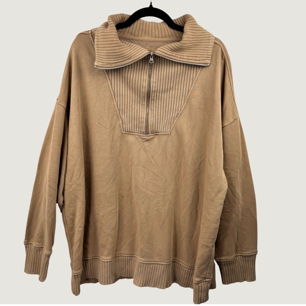 Aerie Quarter Zip Sweatshirt Womens XL Tan Ribbed Oversized Pullover Fleece